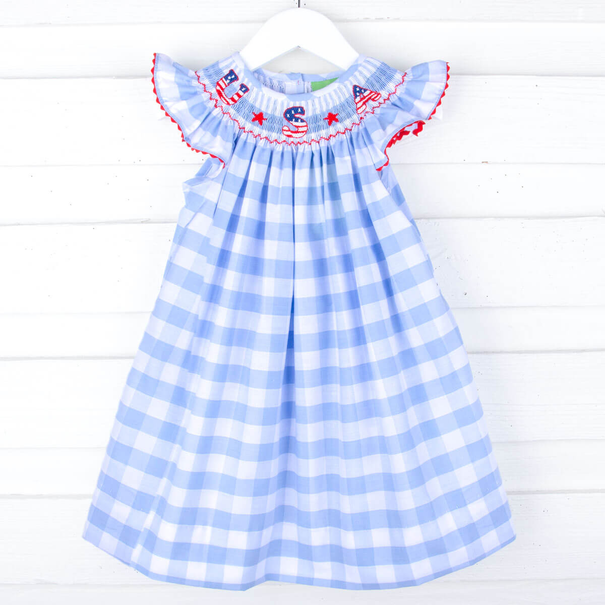 USA Smocked Blue Check Angel Sleeve Dress