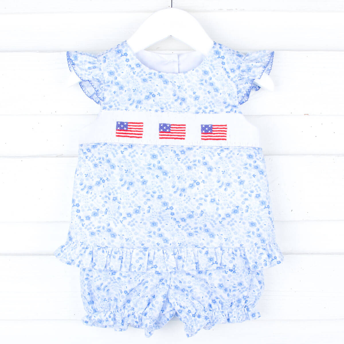 Flag Smocked Blue Floral Bloomer Set
