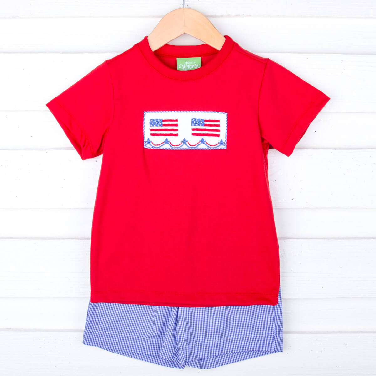 American Flag Smocked Red Gingham Short Set