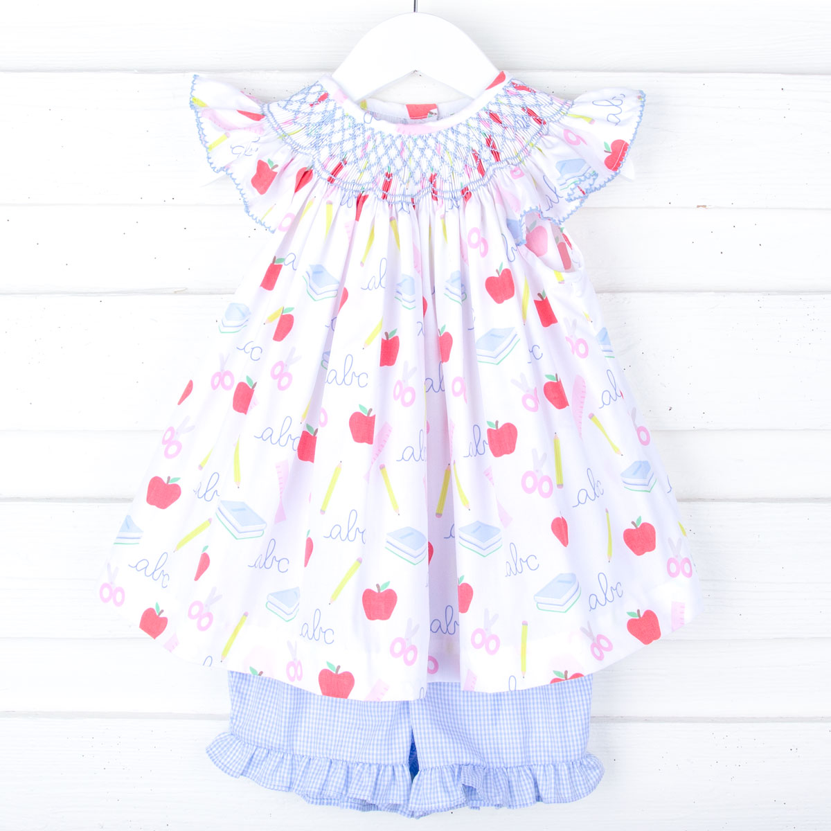 School Essentials Print Smocked Angel Sleeve Short Set
