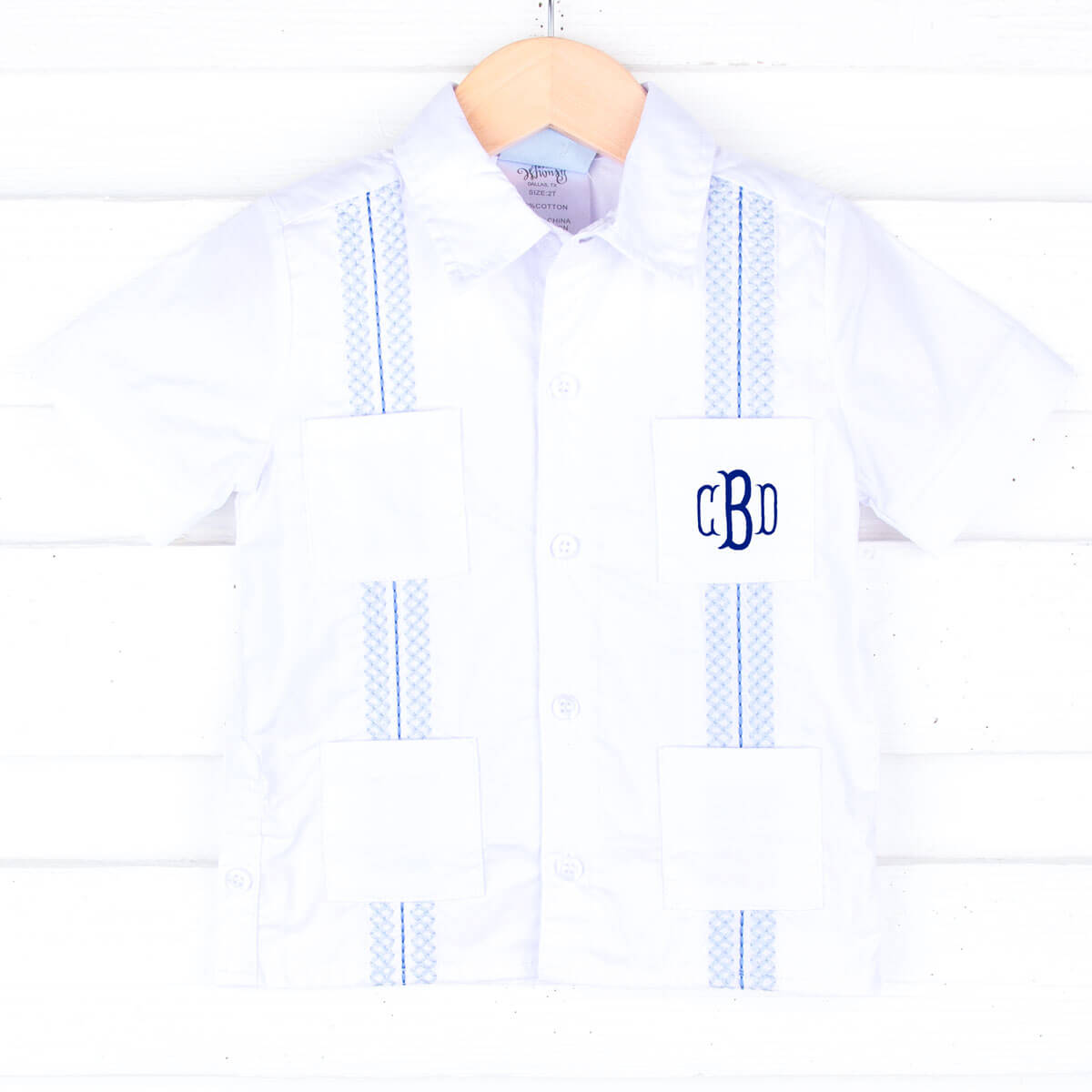 White With Blue Embroidered  Guayabera