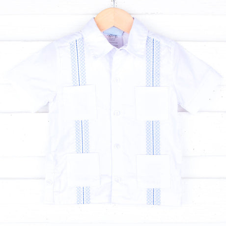 White With Blue Embroidered  Guayabera