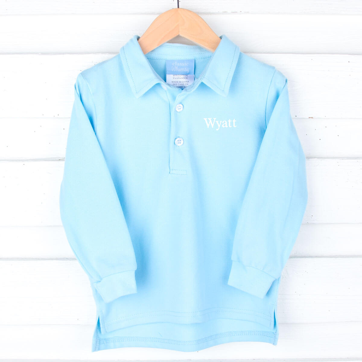 Light Blue Solid Long Sleeve Pique Polo Shirt