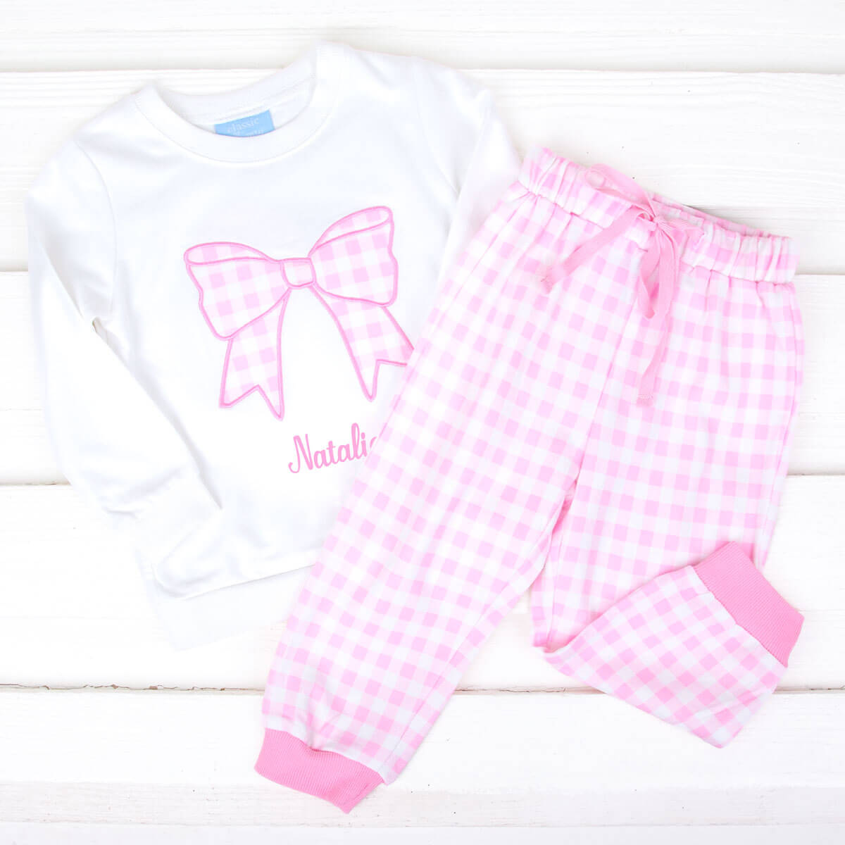 Bow Applique Pink Gingham Jogger Set