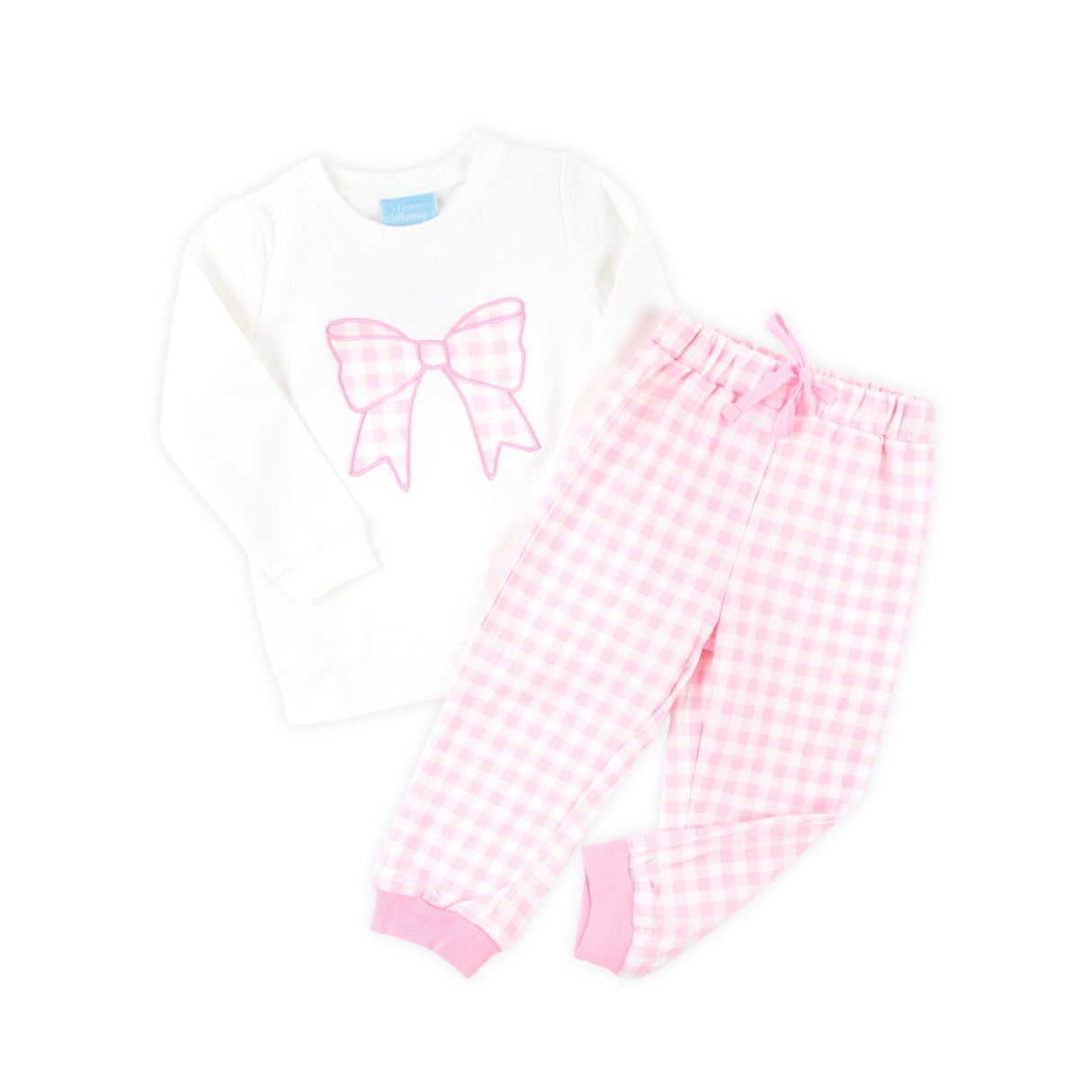 Bow Applique Pink Gingham Jogger Set