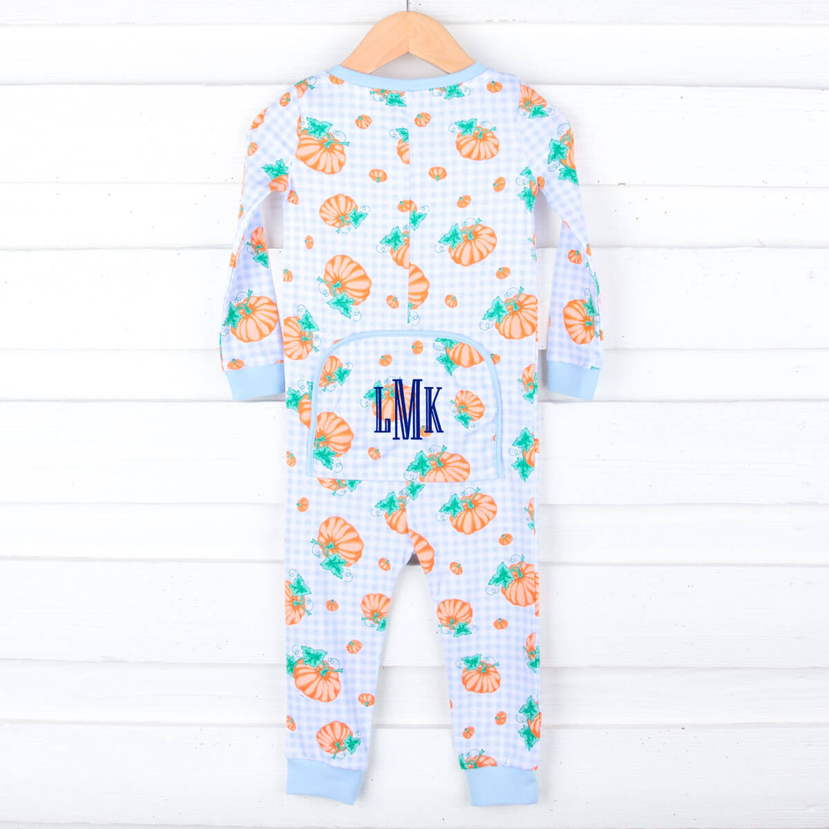 Pumpkin Print Light Blue Gingham Zip Sleeper