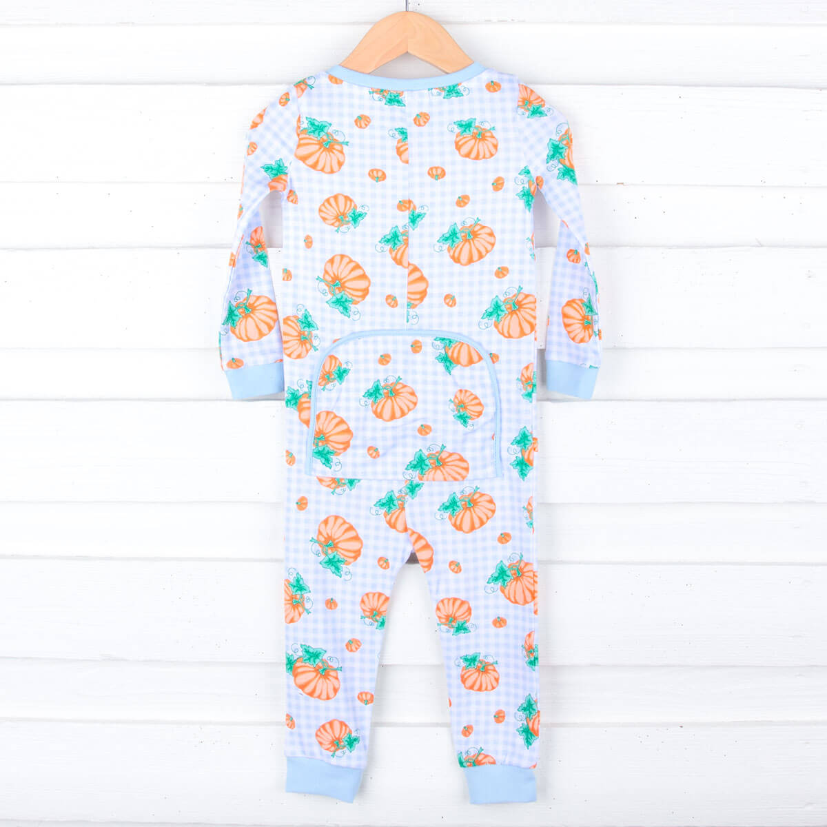Pumpkin Print Light Blue Gingham Zip Sleeper
