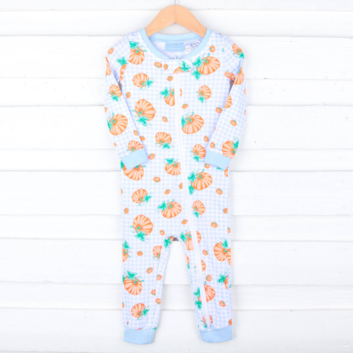 Pumpkin Print Light Blue Gingham Zip Sleeper