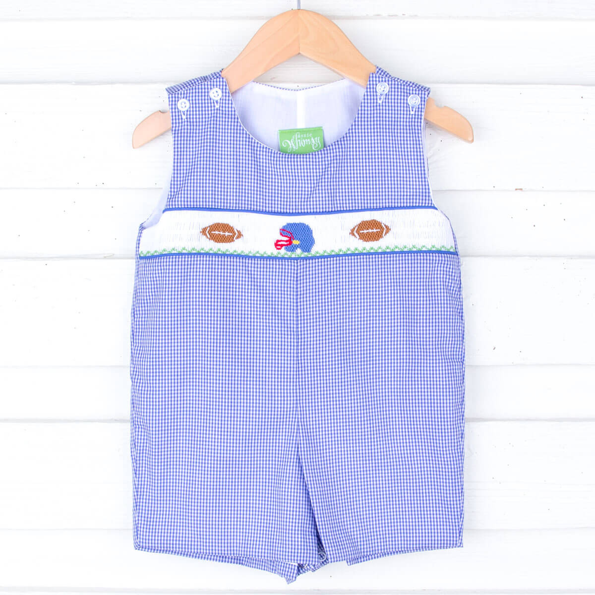 Football Smocked Royal Blue Gingham Jon Jon