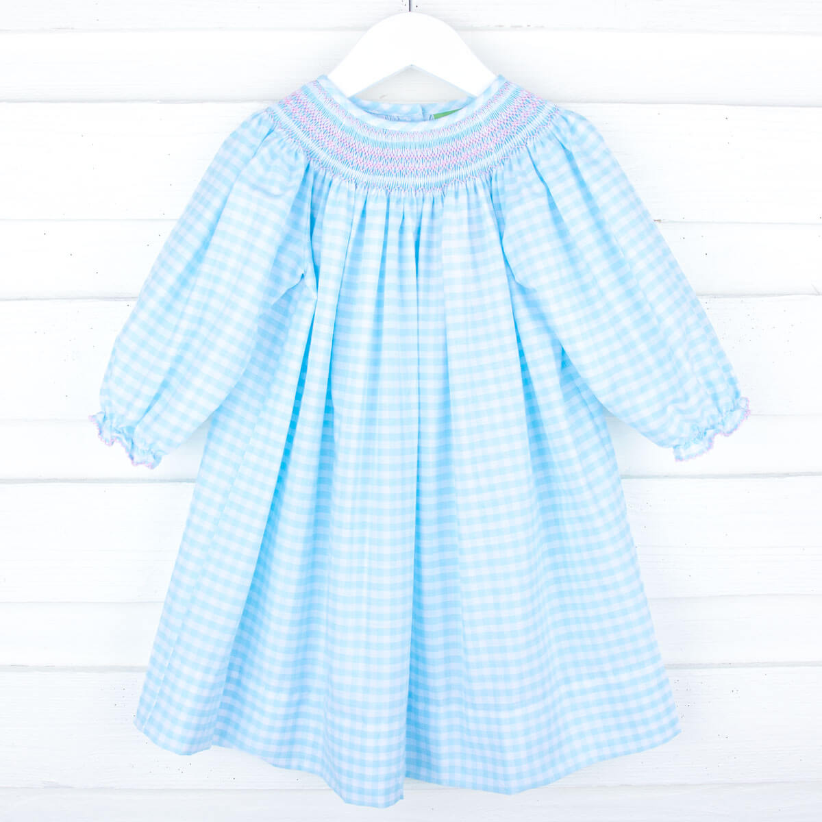 Mint Gingham Geo Smocked Long Sleeve Bishop Dress