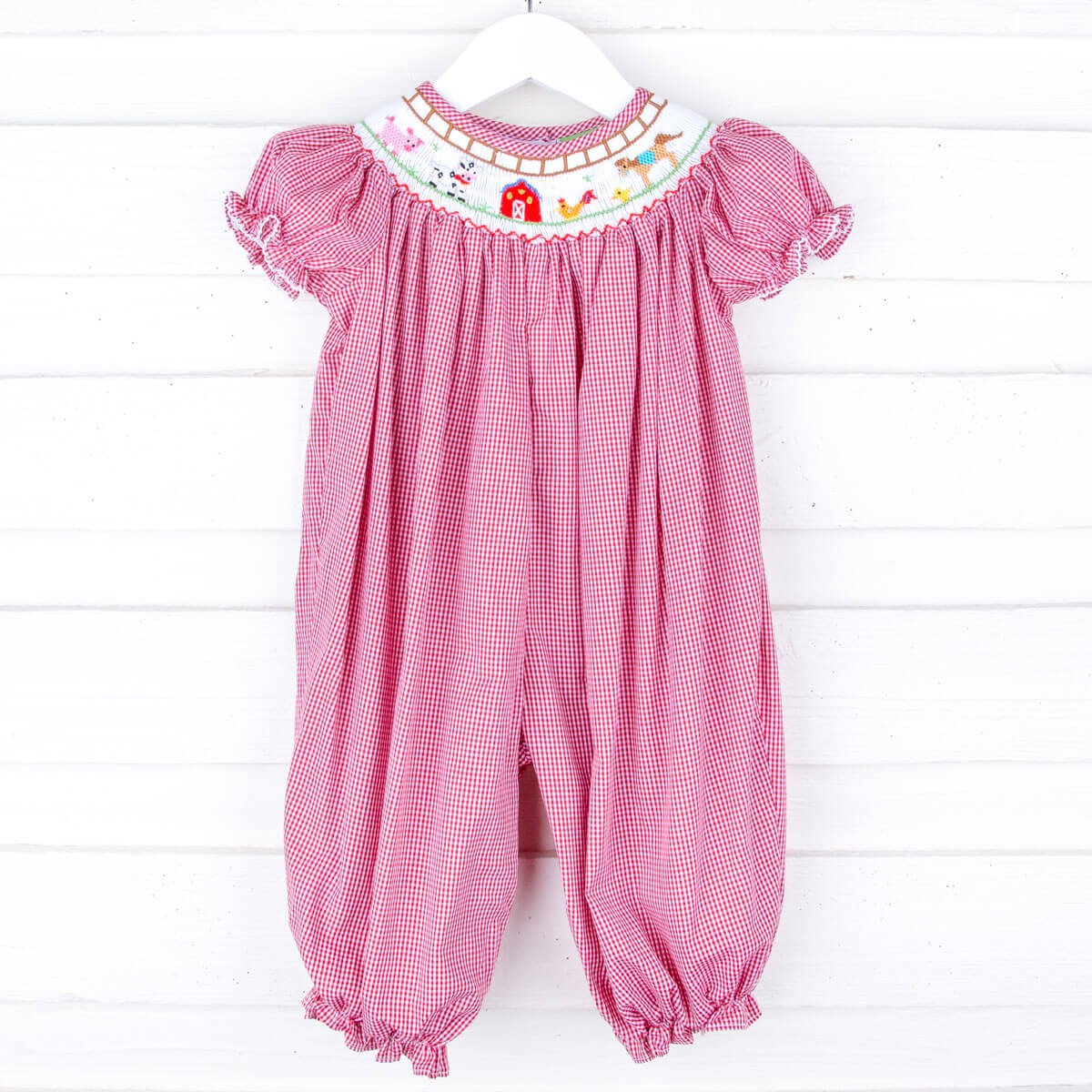 Farm Smocked Red Gingham Long Bubble