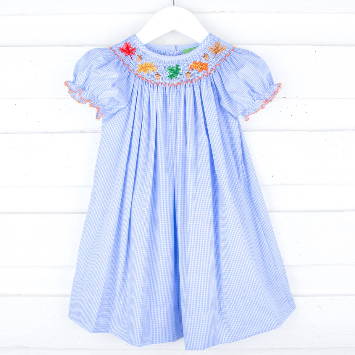 Leaves And Acorn Smocked Light Blue Gingham Bishop Dress