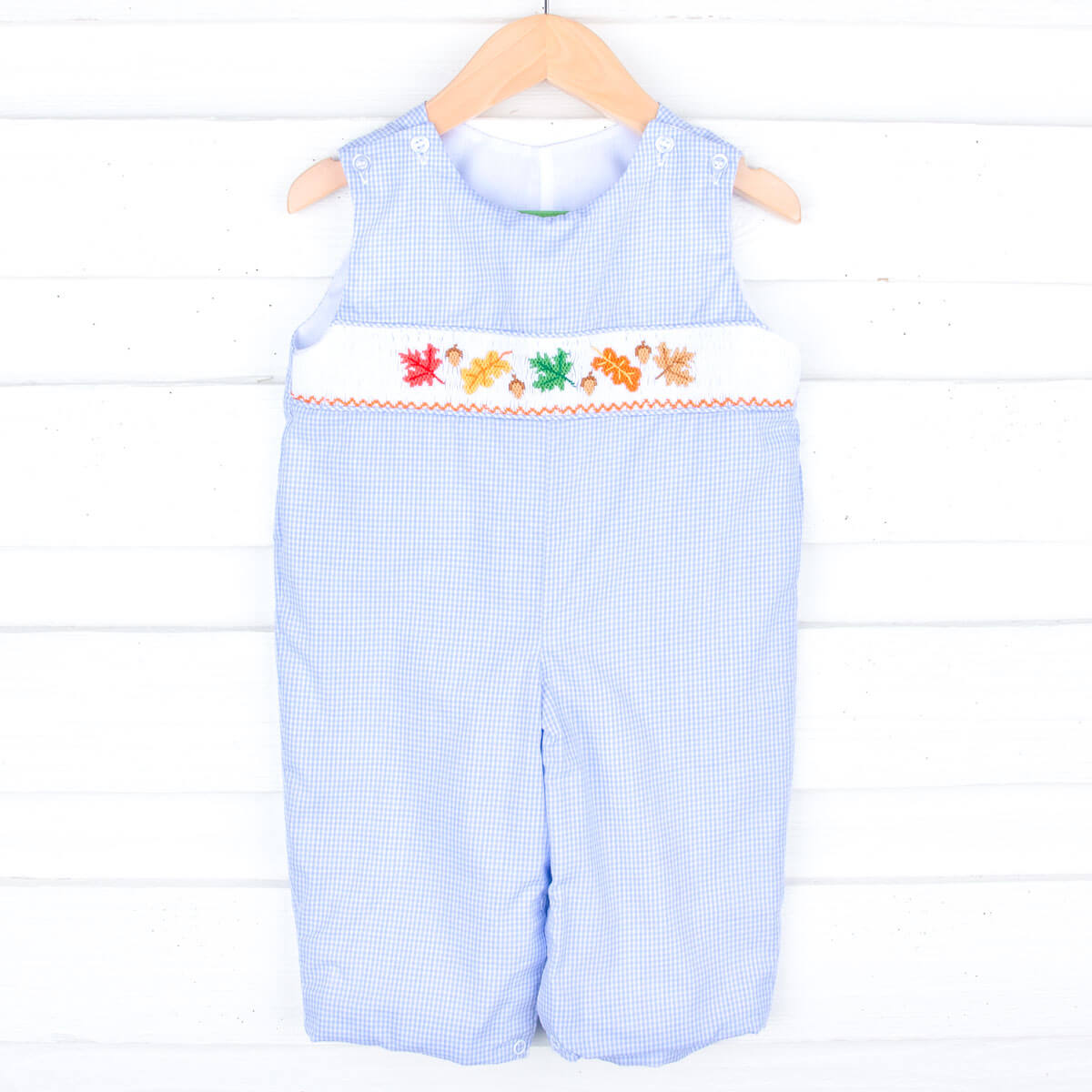 Leaves And Acorn Smocked Light Blue Gingham Longall