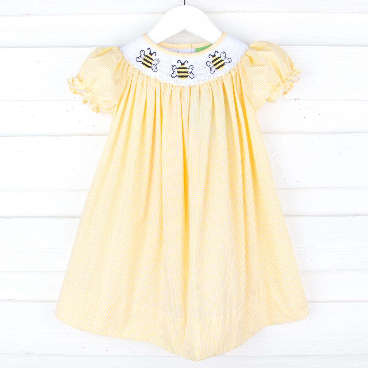 Bee Smocked Yellow Gingham Bishop Dress