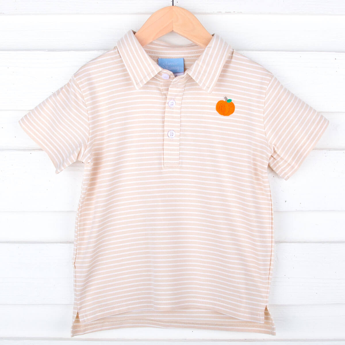 Pumpkin Embroidered Tan Stripe Polo