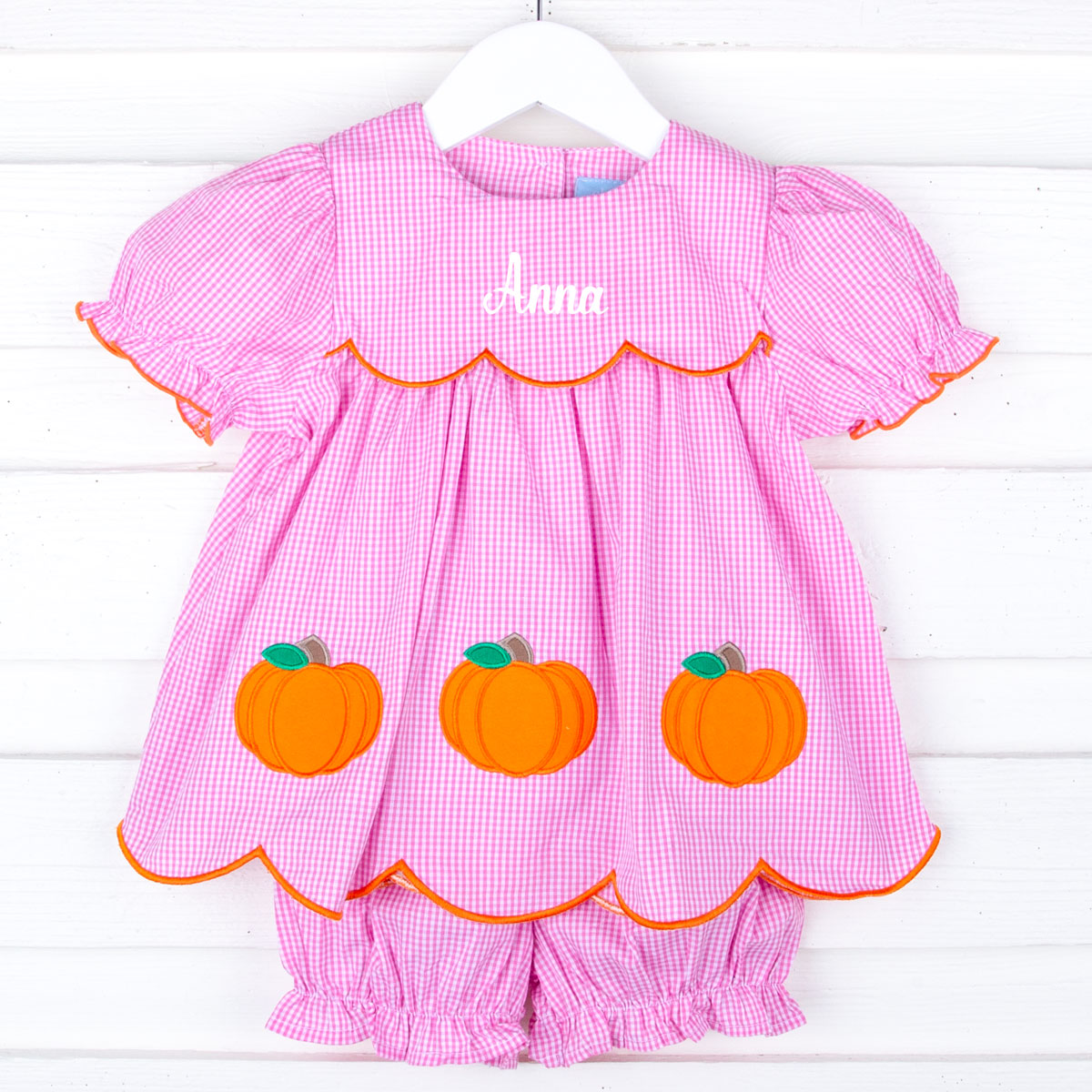 Pumpkin Cluster Pink Gingham Amelia Bloomer Set
