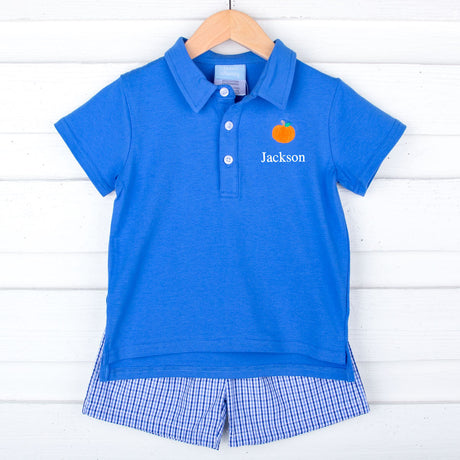 Pumpkin Cutie Royal Blue Gingham Polo Short Set