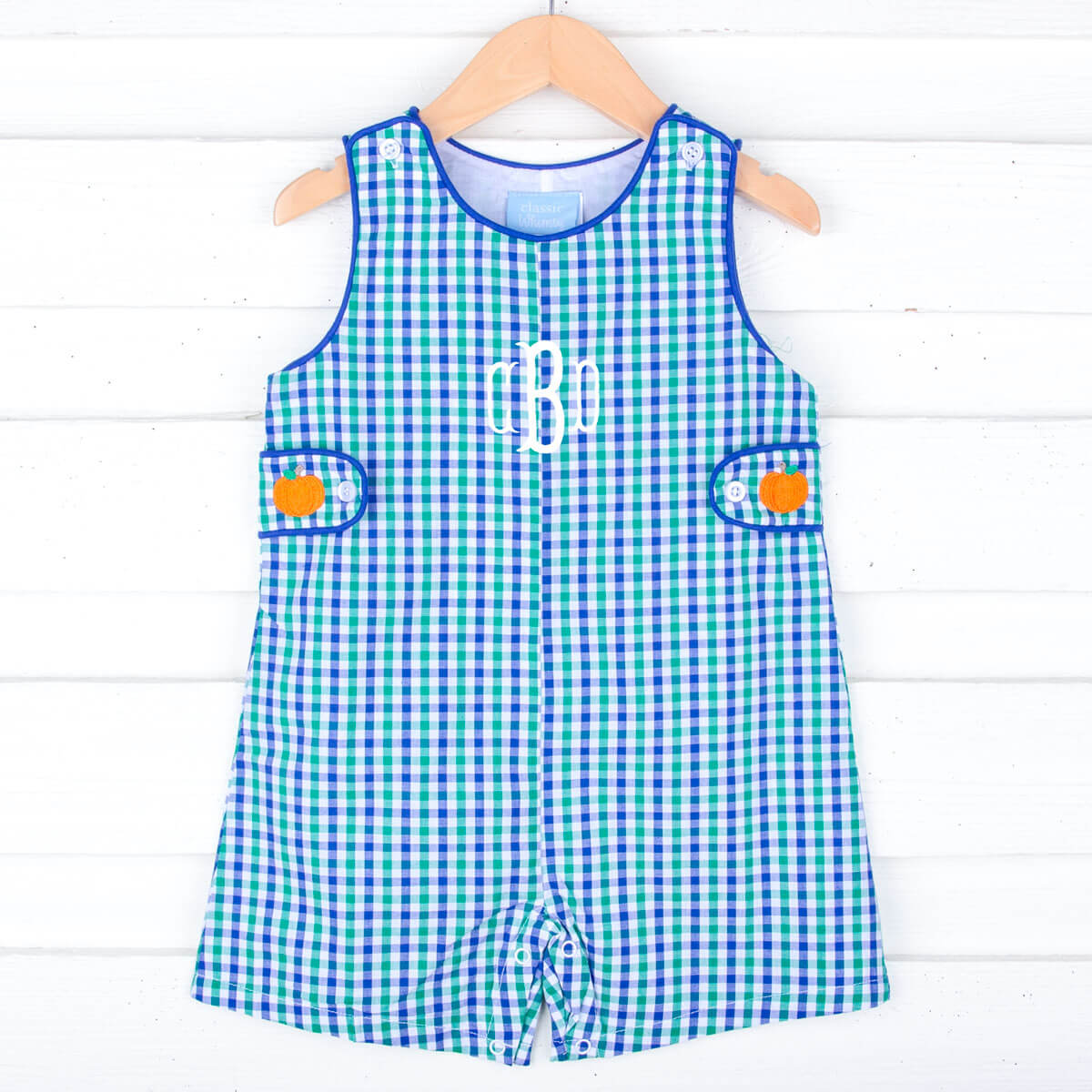 Hello Pumpkin Embroidered Blue & Green Gingham Jon Jon