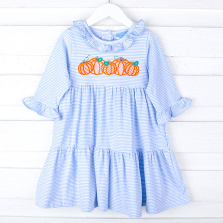 Pumpkin Cluster Light Blue Stripe Callie Dress