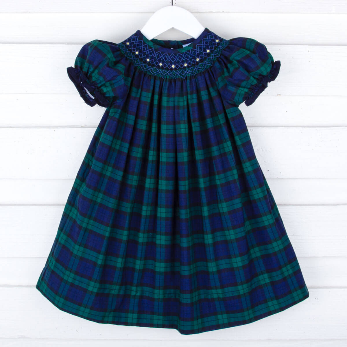 Hamilton Plaid Navy & Green Smocked Bishop Dress