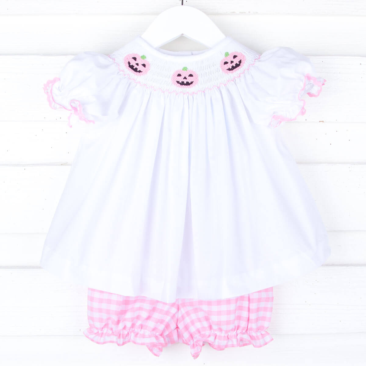 Jack O'Lantern Smocked Pink Gingham Bishop Bloomer Set