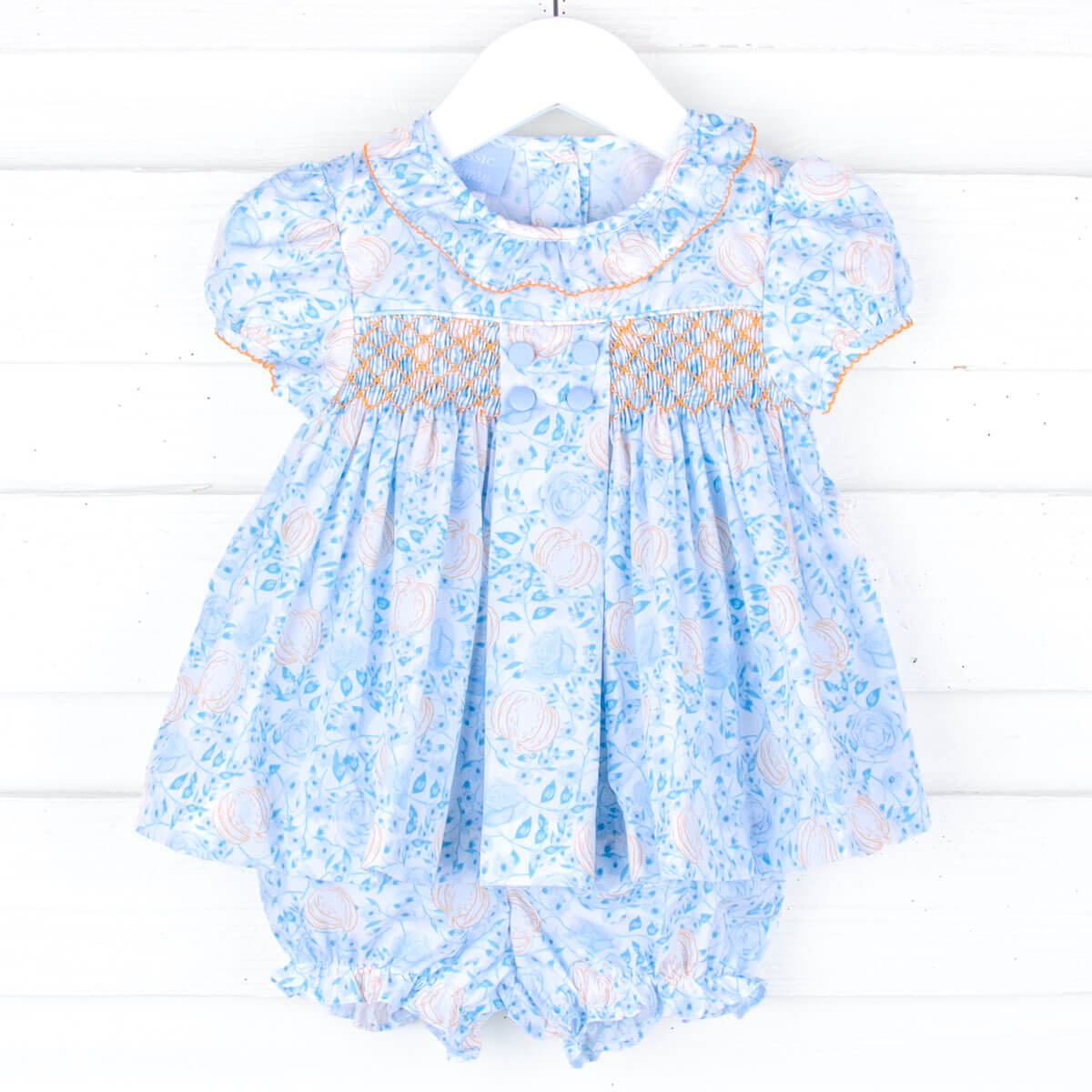 Blue Floral Pumpkin Smocked Beth Bloomer Set