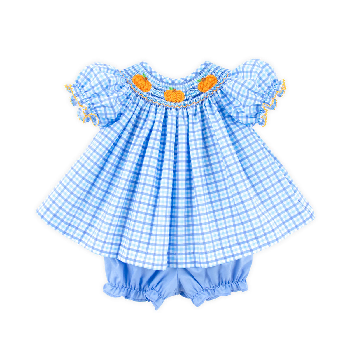 Little Pumpkin Blue Gingham Smocked Bloomer Set
