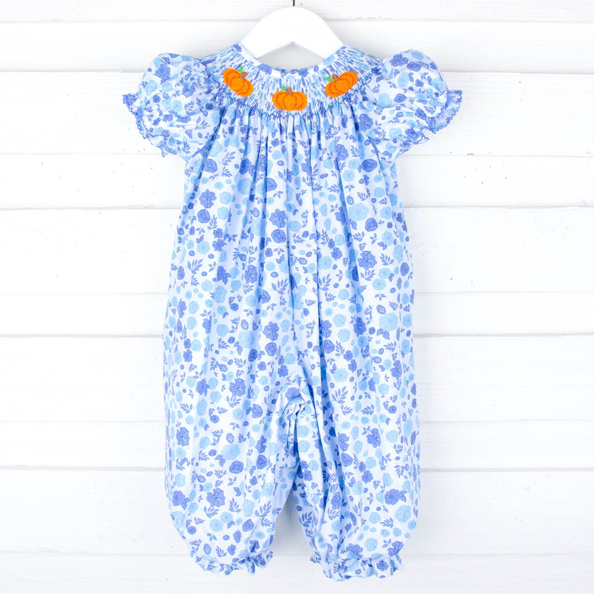 Pumpkin Patch Blue Floral Smocked Long Bubble