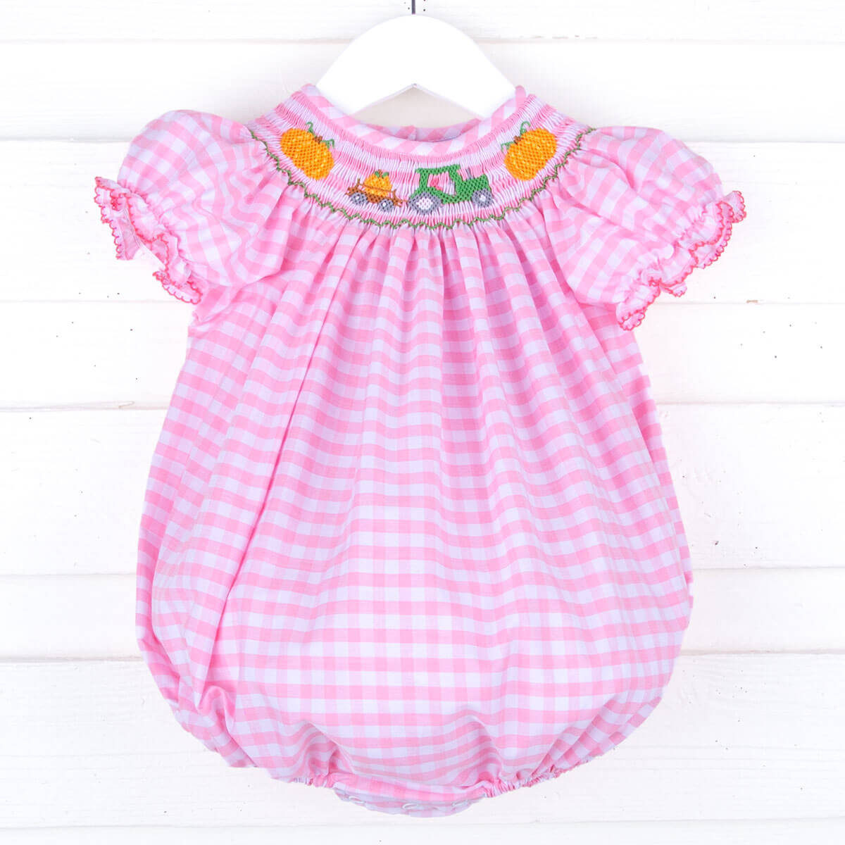 Pumpkin Hayride Pink Check Smocked Bubble