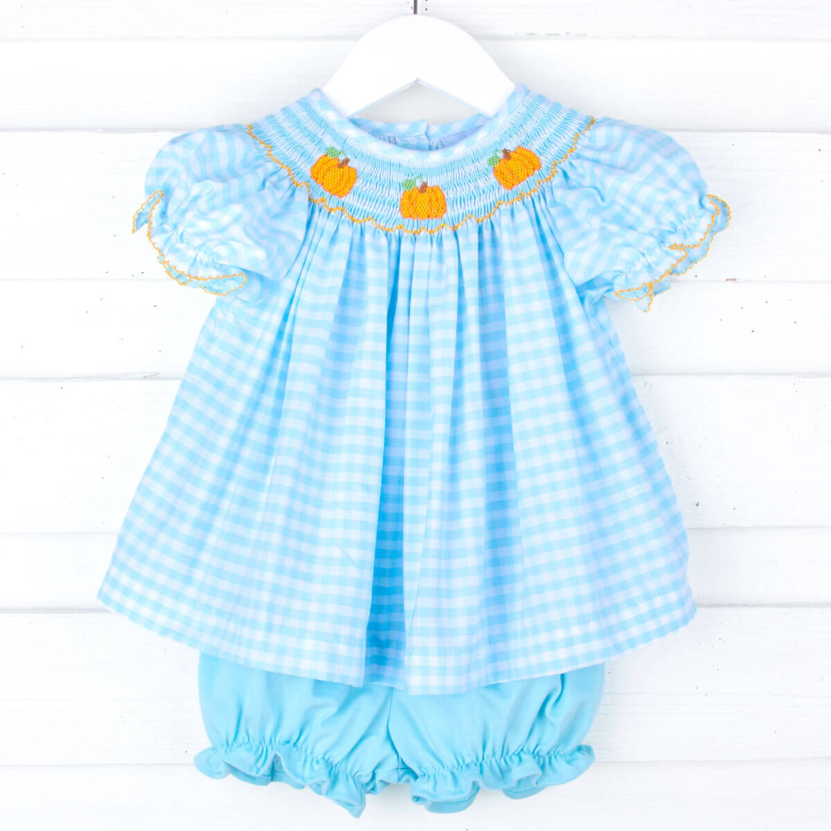 Pumpkin Turquoise Gingham Smocked Bloomer Set