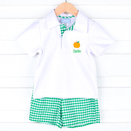 Green Check Pumpkin Embroidered Polo Short Set