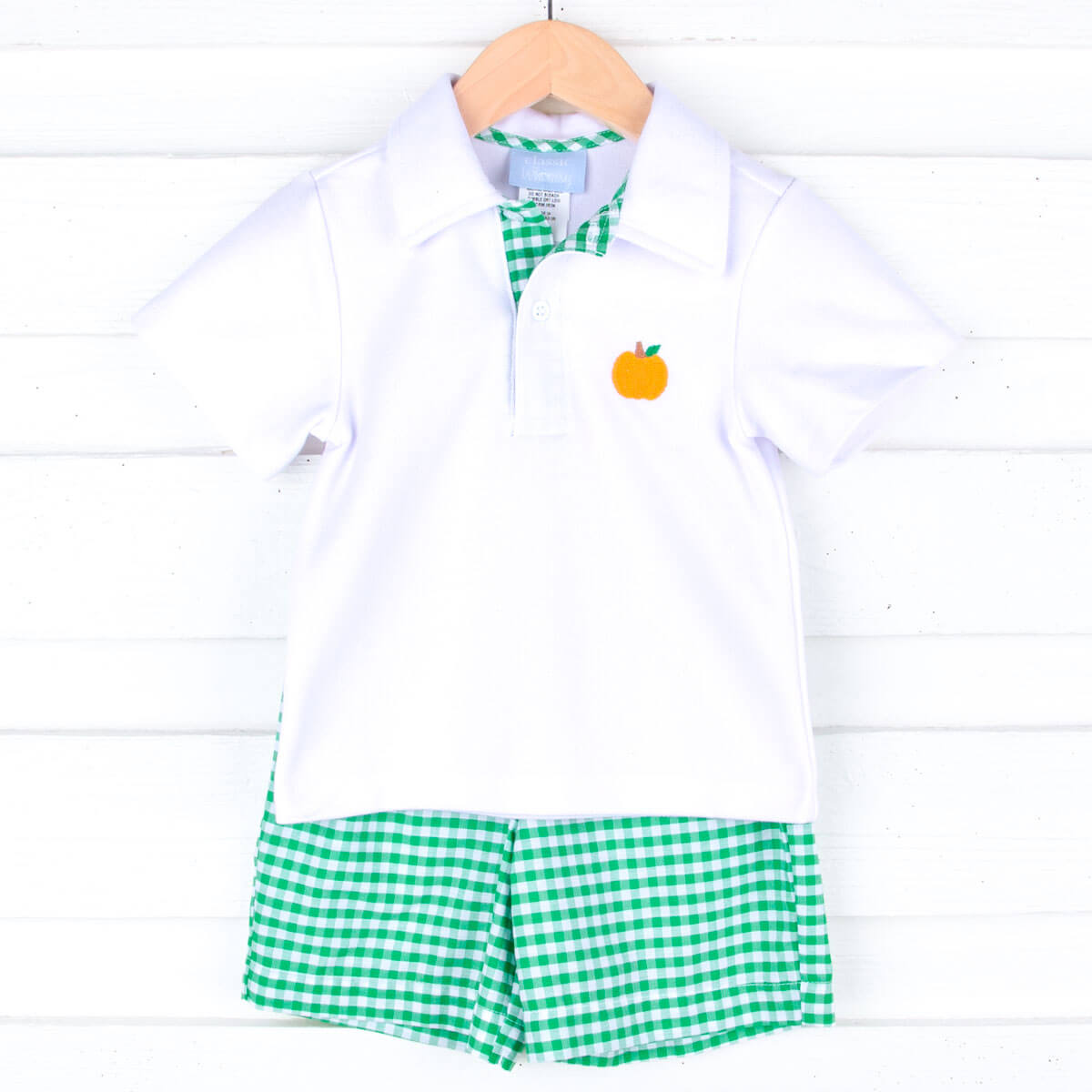Green Check Pumpkin Embroidered Polo Short Set