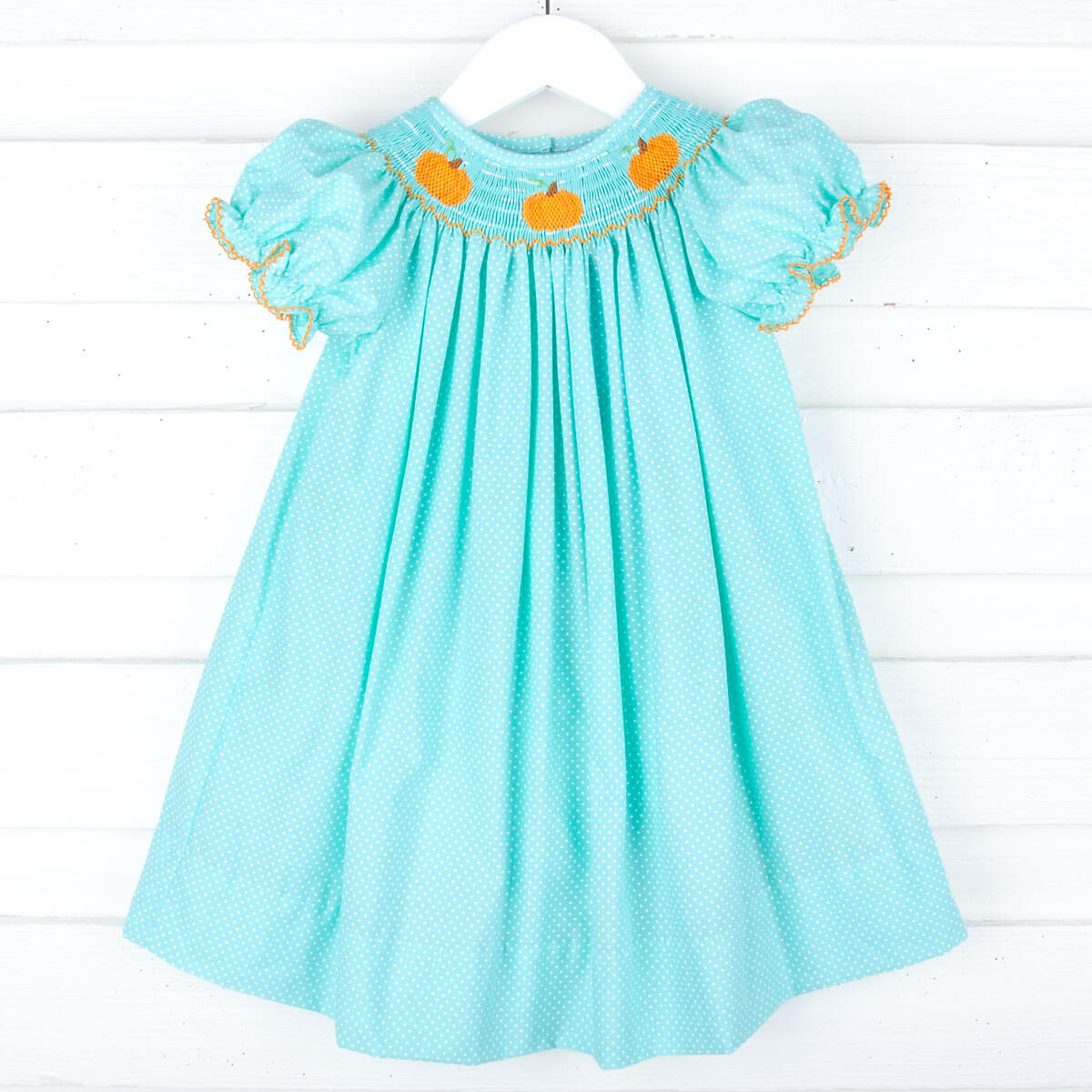 Pumpkin Mint Polka Dot Smocked Bishop Dress