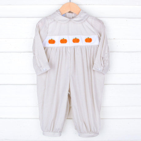 Pumpkin French Knot Tan Gingham Romper