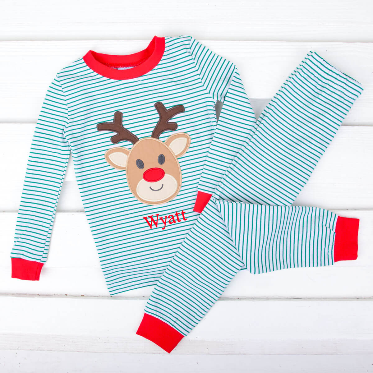 Reindeer Green Stripe Red Rib Pajamas