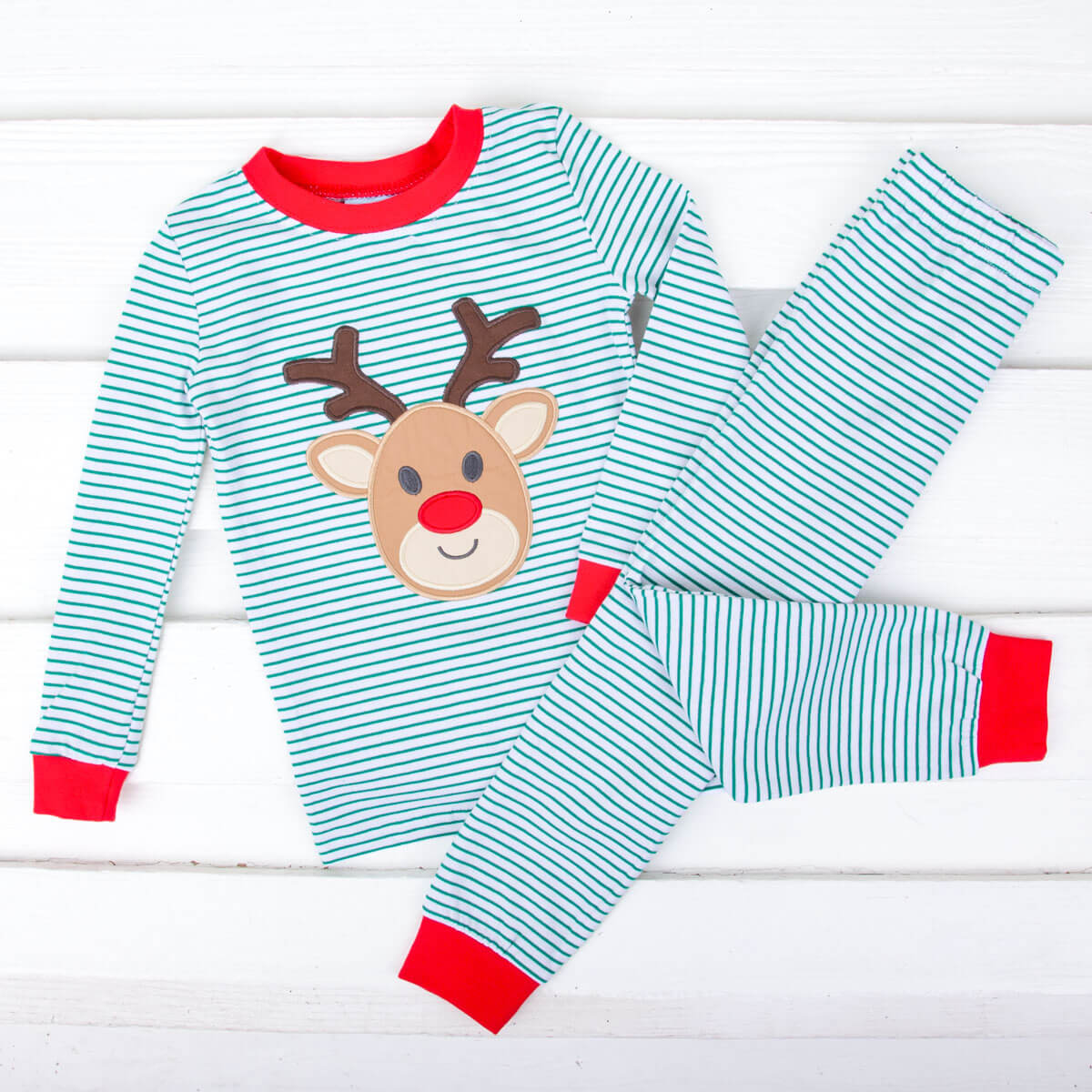 Reindeer Green Stripe Red Rib Pajamas