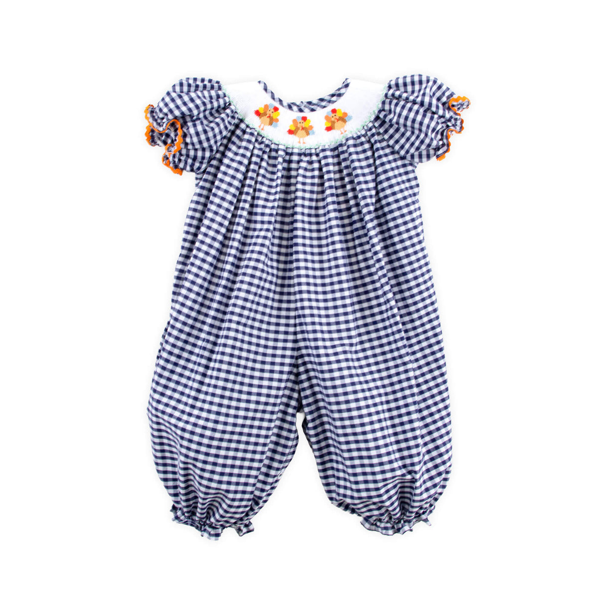 Sweet Turkey Navy Gingham Smocked Long Bubble