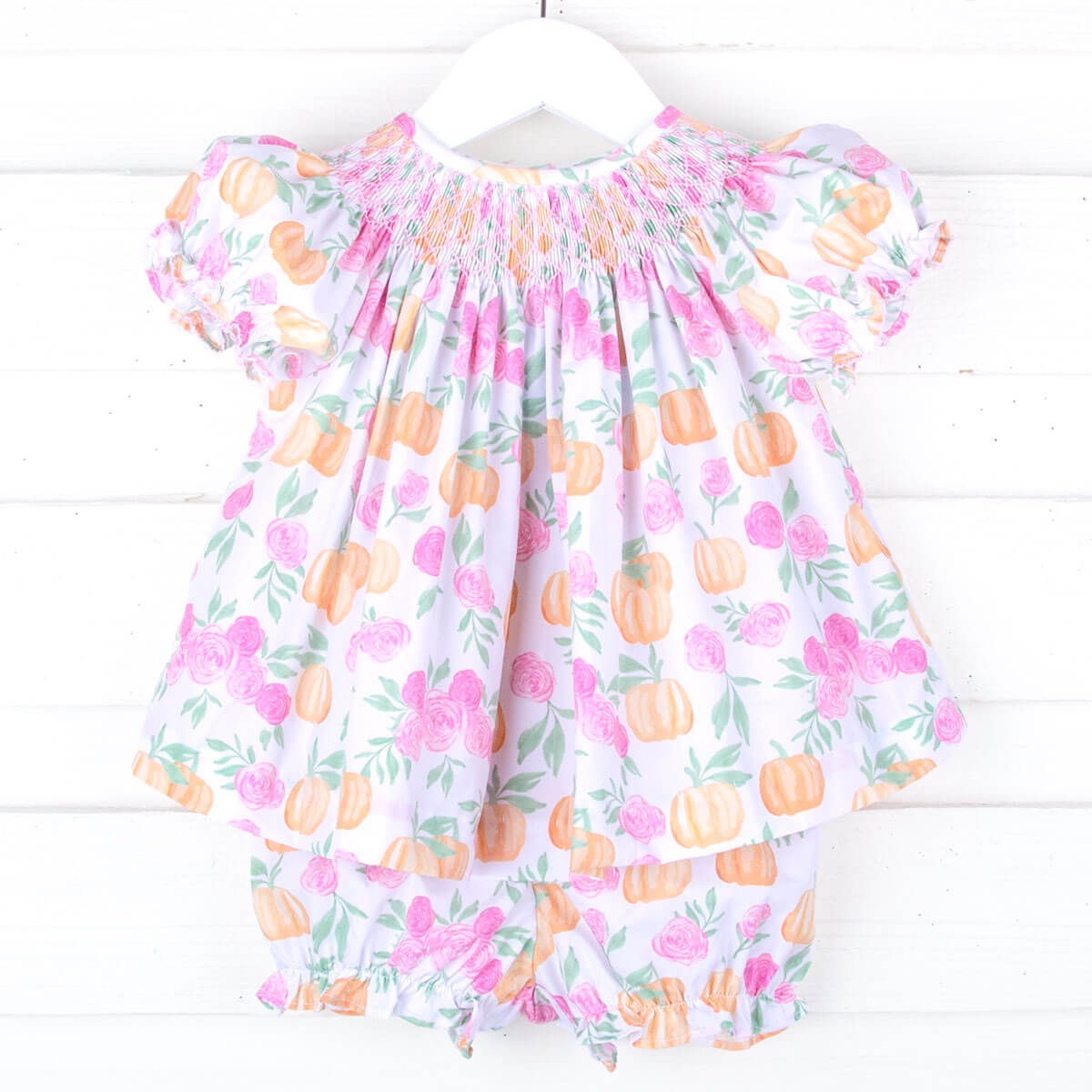 Pink Floral Pumpkin Smocked Bishop Bloomer Set
