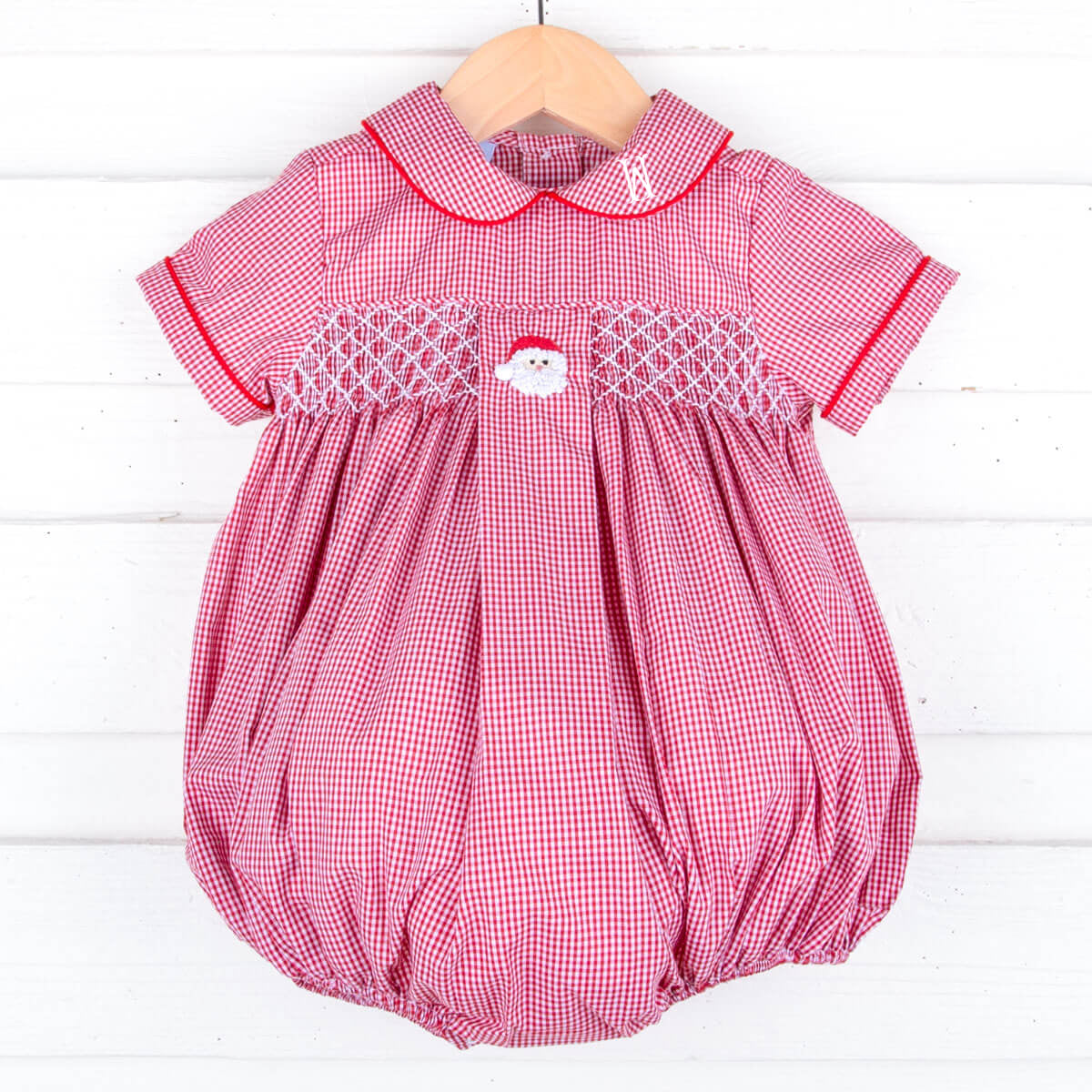 Santa's Favorite French Knot and Smocked Red Gingham Collared Bubble