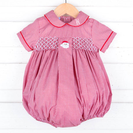 Santa's Favorite French Knot and Smocked Red Gingham Collared Bubble