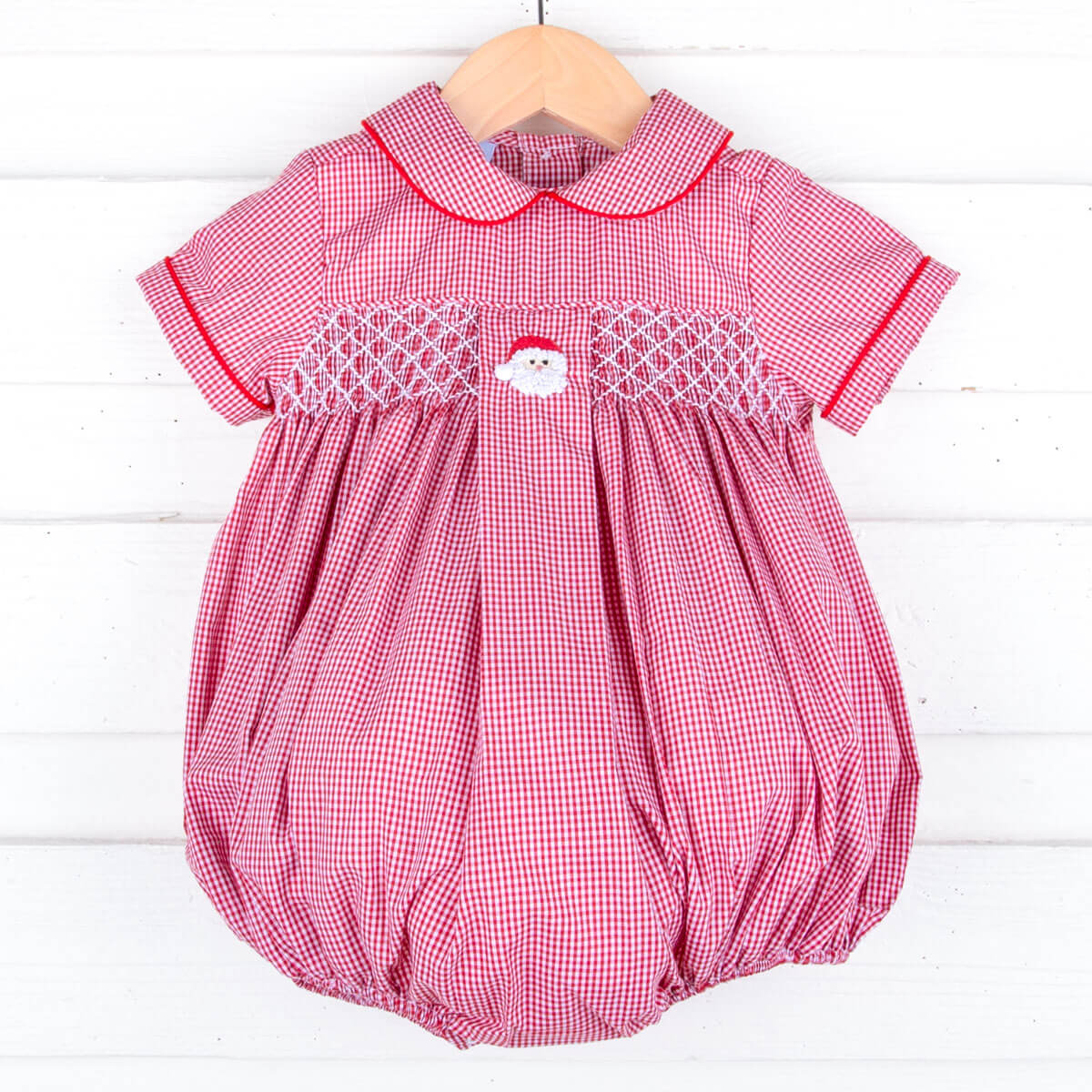 Santa's Favorite French Knot and Smocked Red Gingham Collared Bubble