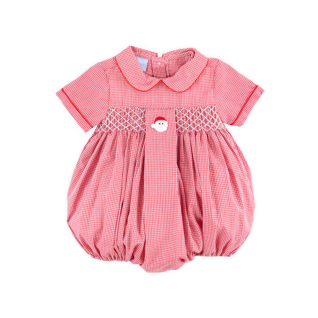 Santa's Favorite French Knot and Smocked Red Gingham Collared Bubble