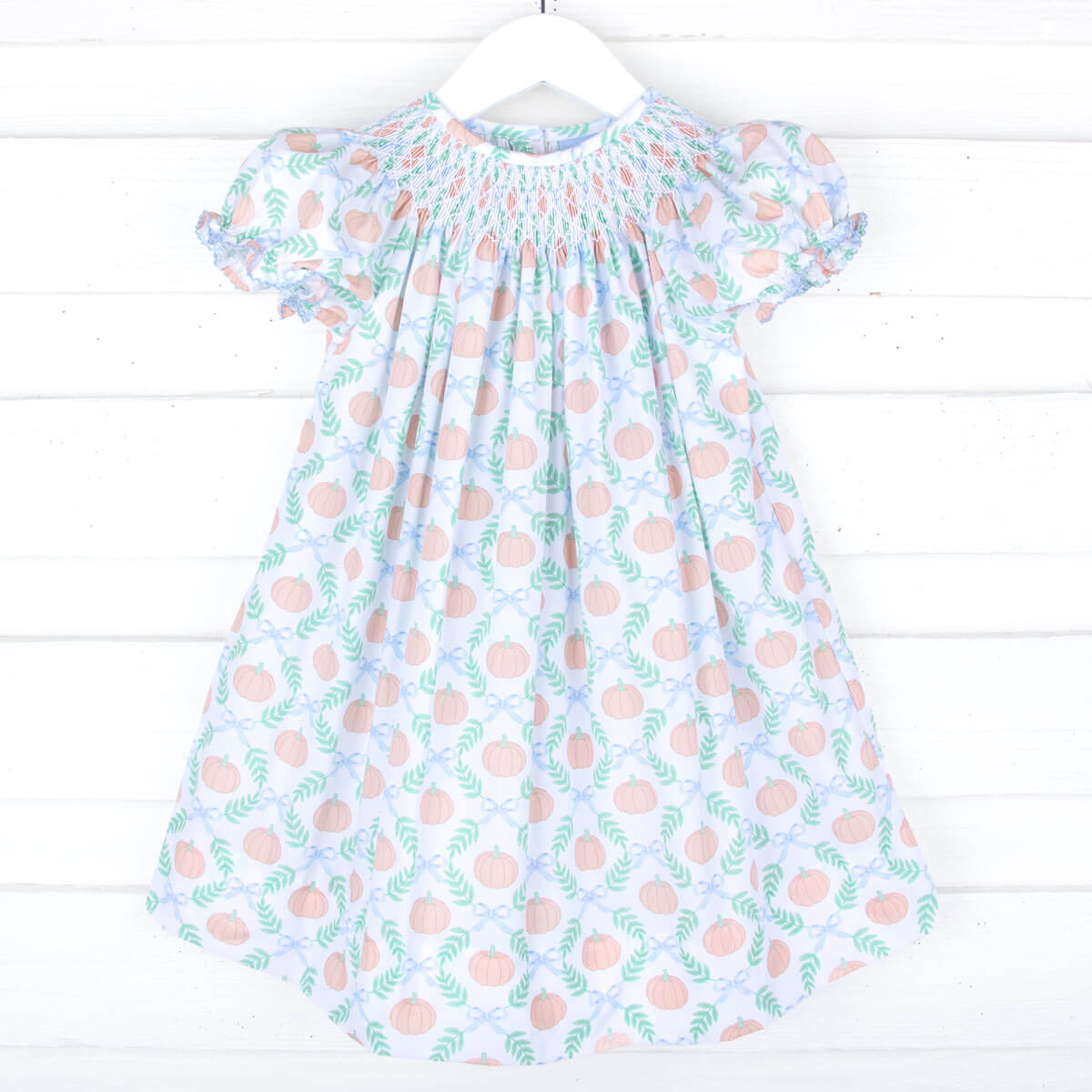 Harvest Pumpkin Print Smocked Bishop Dress