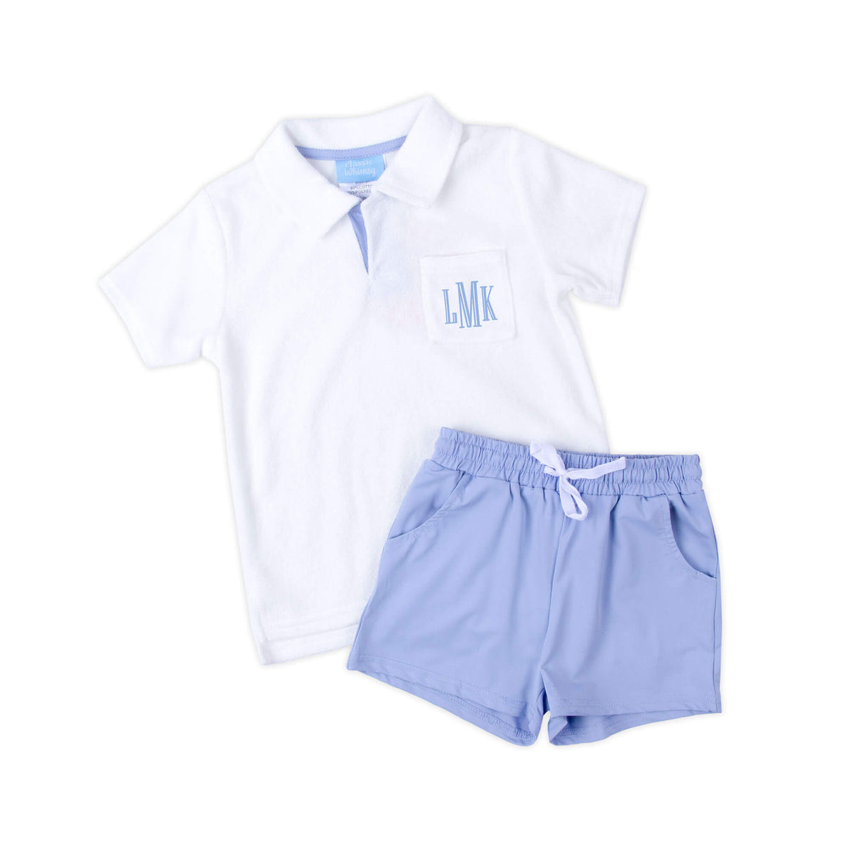 White & Light Blue Terry Polo Short Set