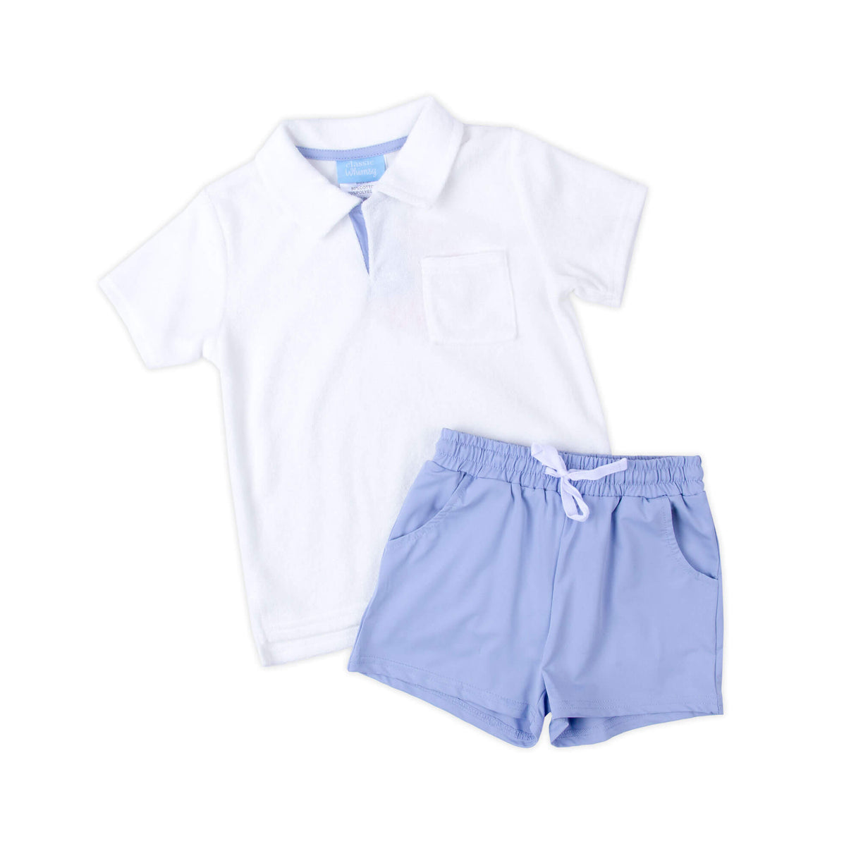 White & Light Blue Terry Polo Short Set