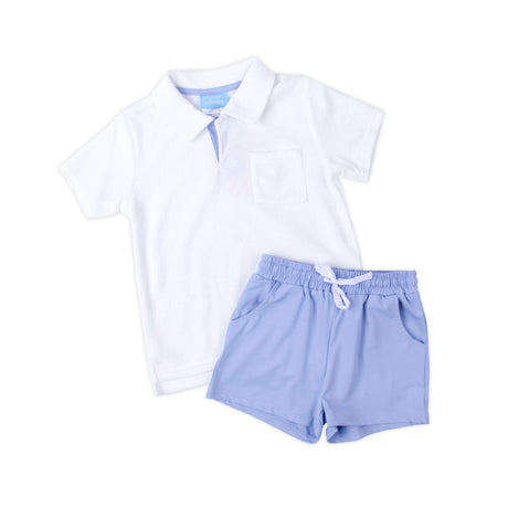 White & Light Blue Terry Polo Short Set