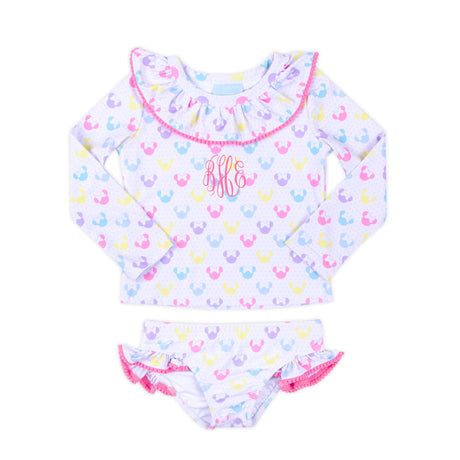 Pastel Mouse Ears Print With Pom Pom Rash Guard Set
