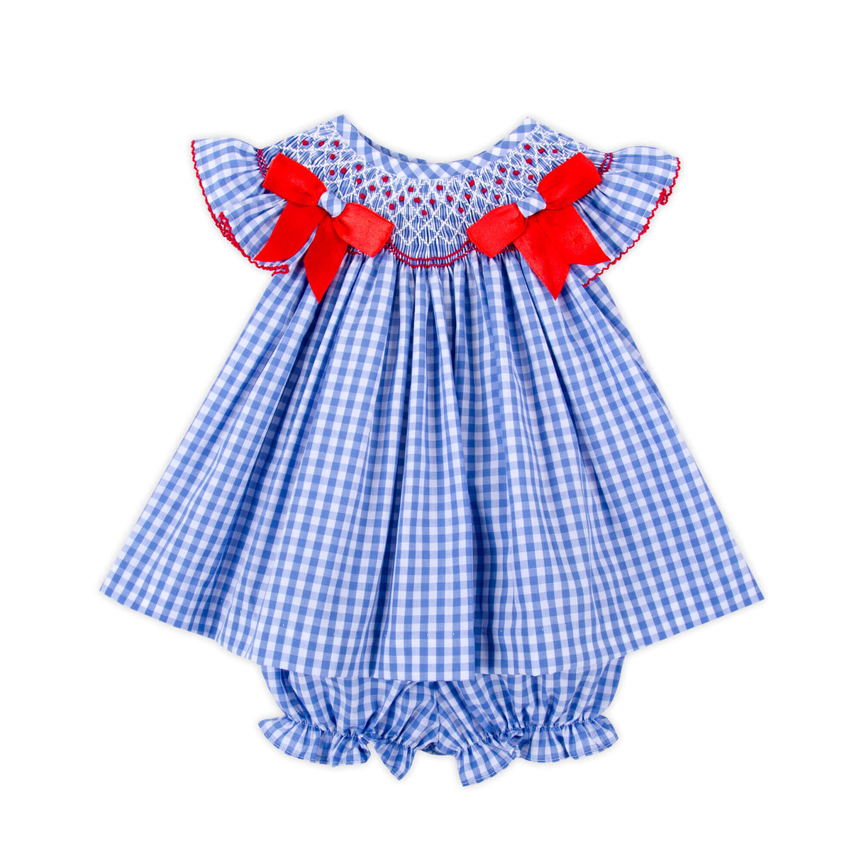 Summer Blues Gingham Smocked Bow Bloomer Set