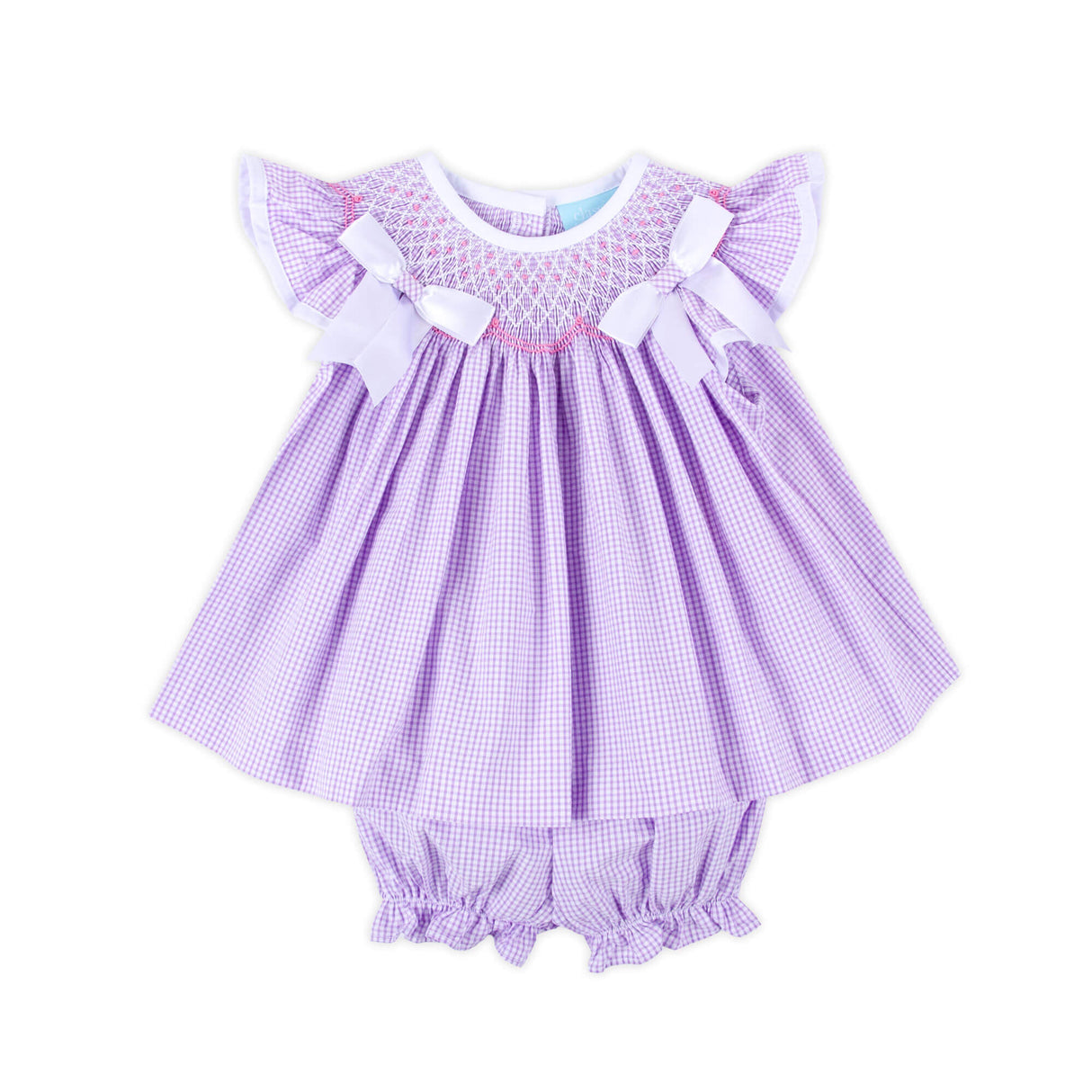 French Lavender Gingham Smocked Bow Bloomer Set