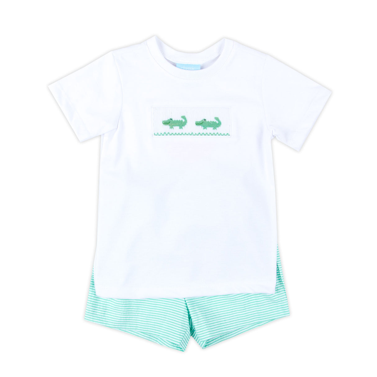 Green Seersucker Alligator Smocked Boy Short Set